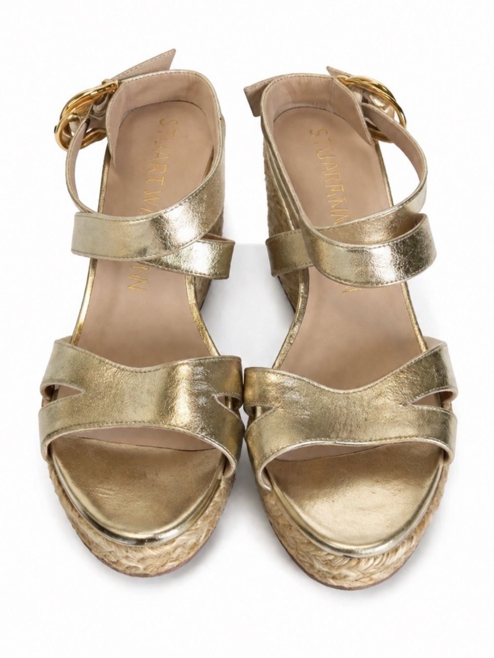 Stuart Weitzman Zuzu Metallic Gold Espadrille Platform Wedge Sandals Size 8
